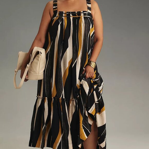 NWT By Anthropologie Square-Neck Waistless Midi Dress Black Motif Size L - Picture 5 of 9